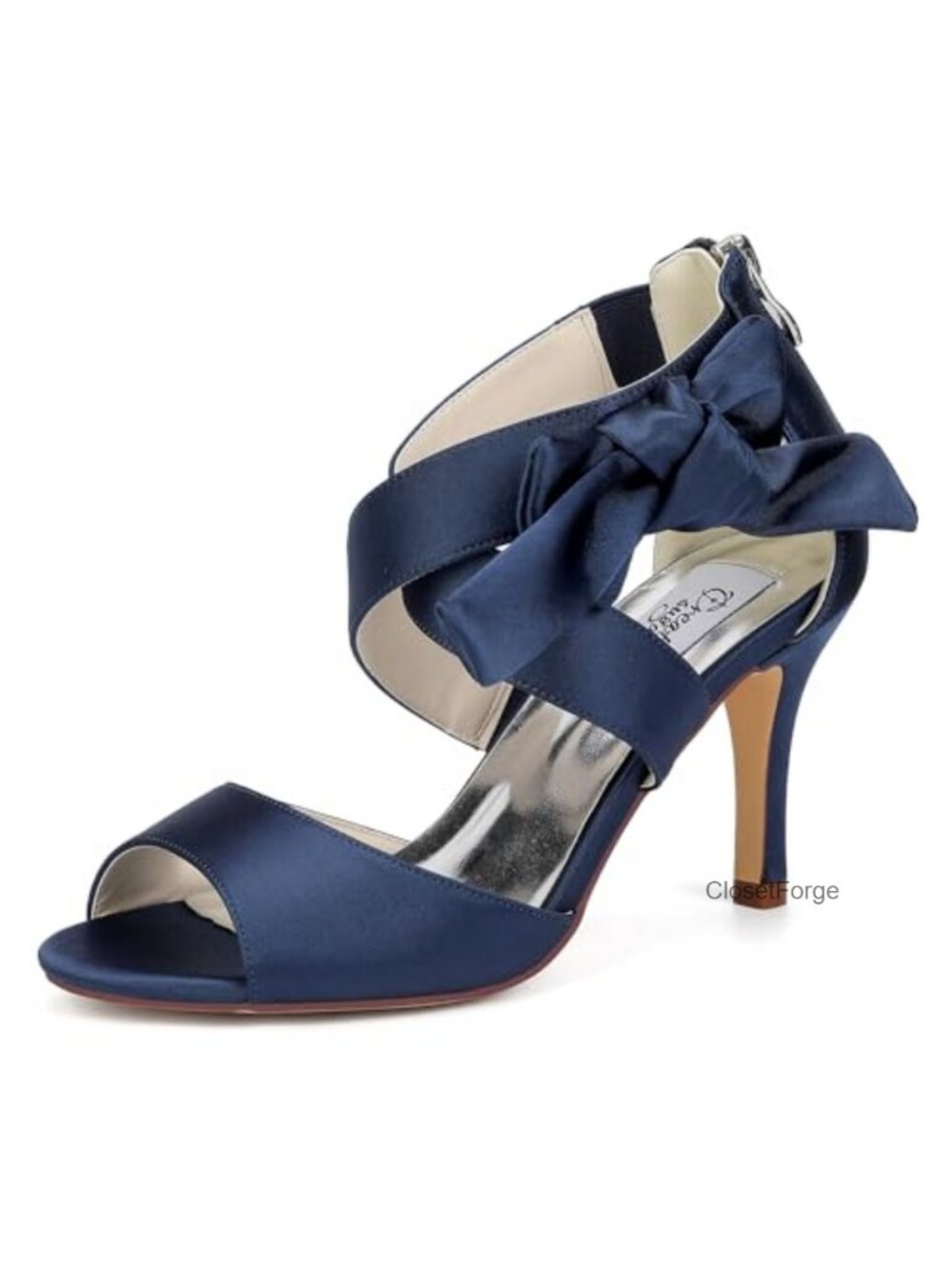 Satin Strappy Bow Knot Heeled Sandals 3" Stiletto Zip Back Wedding Evening